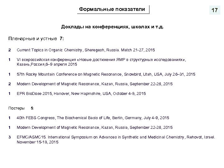 Формальные показатели 17 Доклады на конференциях, школах и т. д. Пленарные и устные 7: