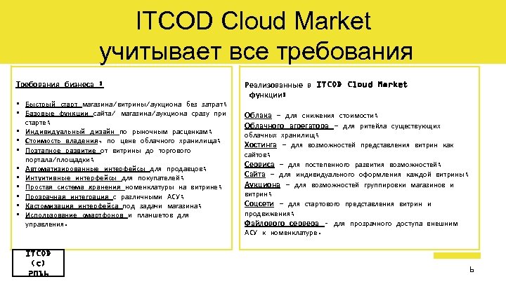 ITCOD Cloud Market учитывает все требования Требования бизнеса : • Быстрый старт магазина/витрины/аукциона без