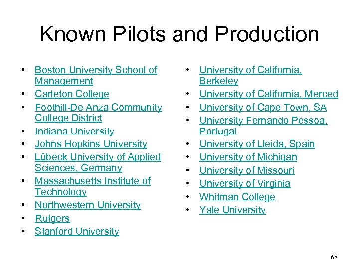 Known Pilots and Production • Boston University School of Management • Carleton College •