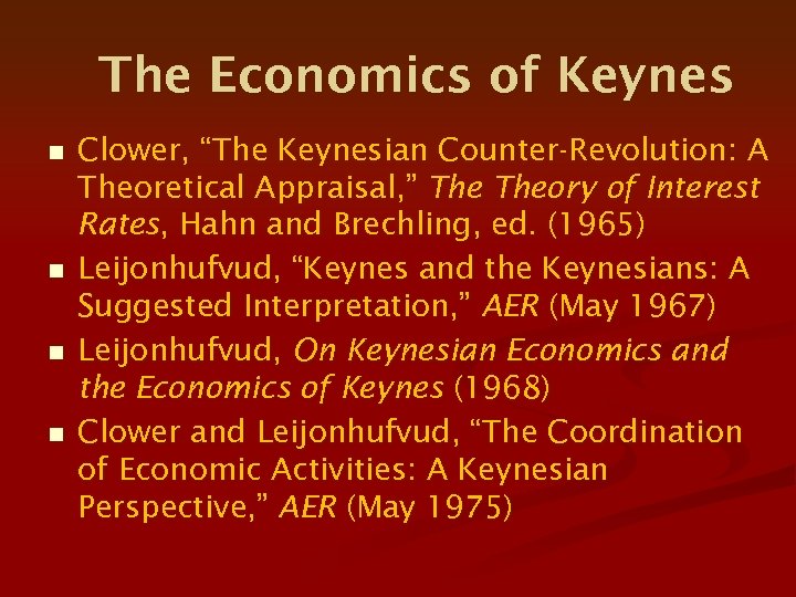 The Economics of Keynes n n Clower, “The Keynesian Counter-Revolution: A Theoretical Appraisal, ”