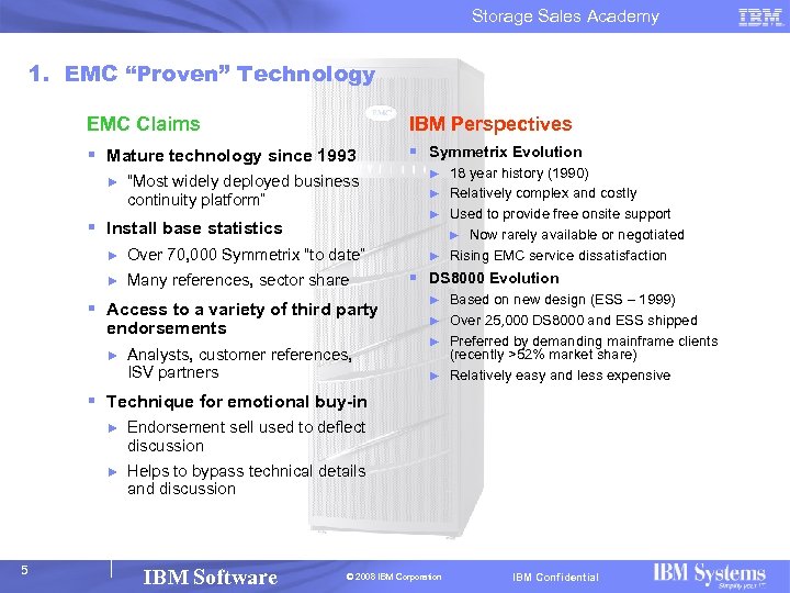 Storage Sales Academy 1. EMC “Proven” Technology EMC Claims IBM Perspectives § Mature technology