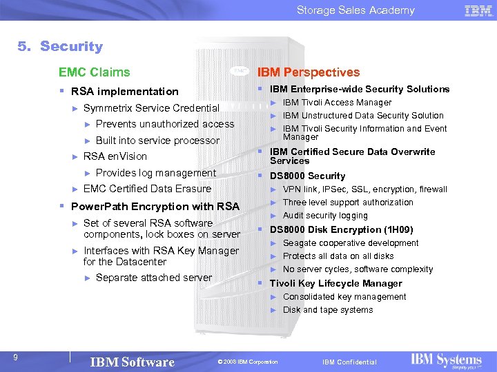 Storage Sales Academy 5. Security EMC Claims IBM Perspectives § RSA implementation § IBM