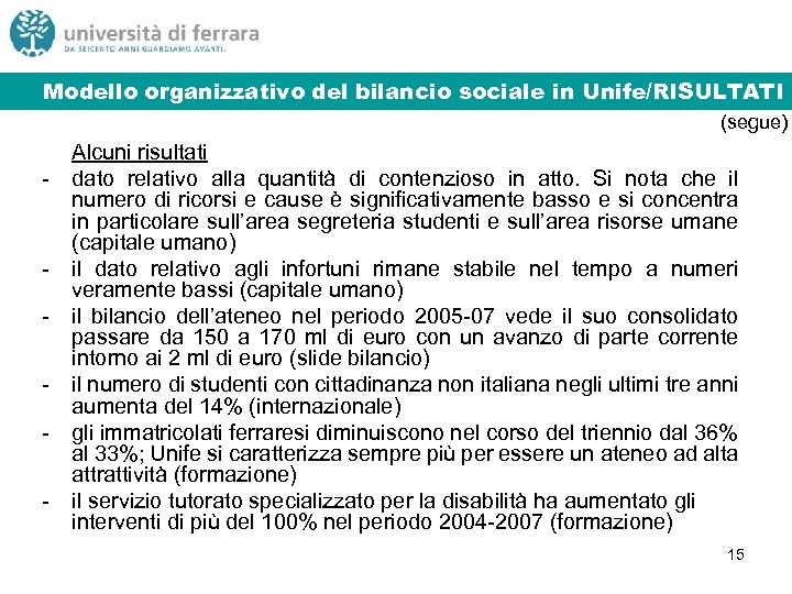 Modello organizzativo del bilancio sociale in Unife/3 Modello organizzativo del bilancio Unife/RISULTATI (segue) -