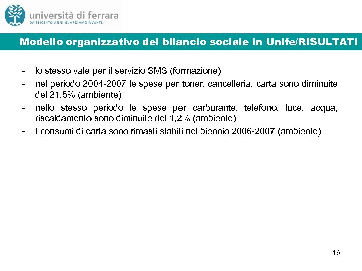 Modello organizzativo del bilancio sociale in Unife/3 Modello organizzativo del bilancio Unife/RISULTATI - lo