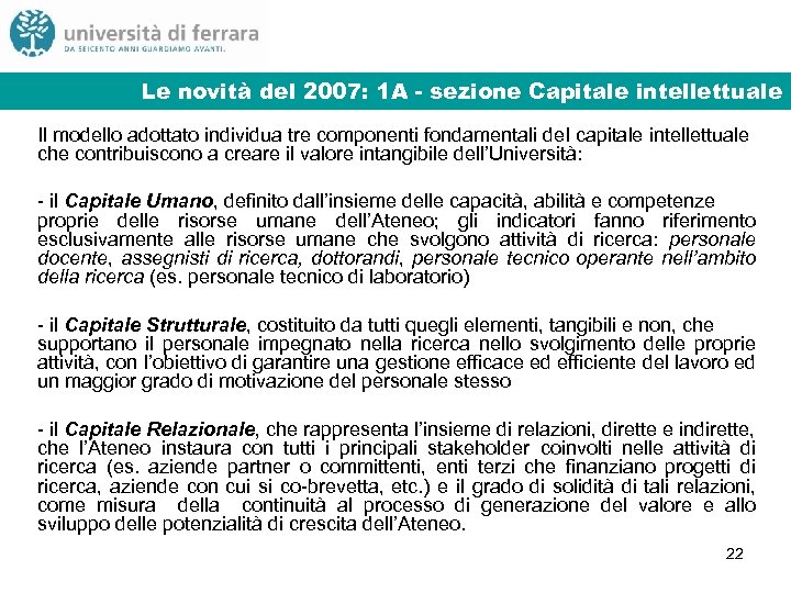 Le novità del 2007: 1 A - sezione Capitale intellettuale Il modello adottato individua