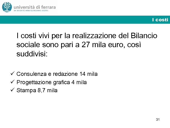 I costi vivi per la realizzazione del Bilancio sociale sono pari a 27 mila