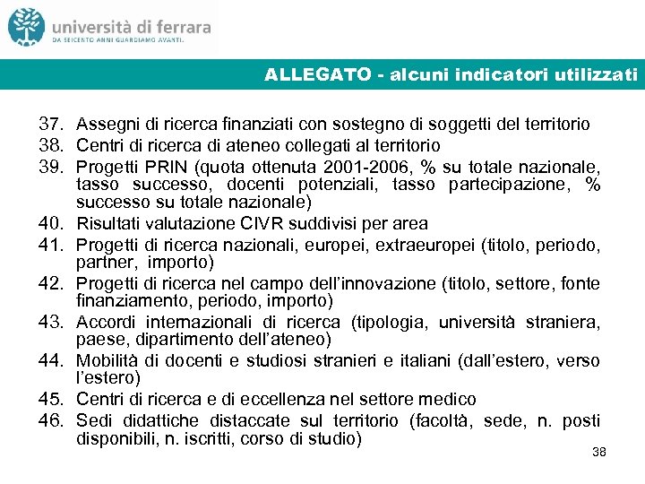 ALLEGATO - alcuni indicatori utilizzati 37. Assegni di ricerca finanziati con sostegno di soggetti