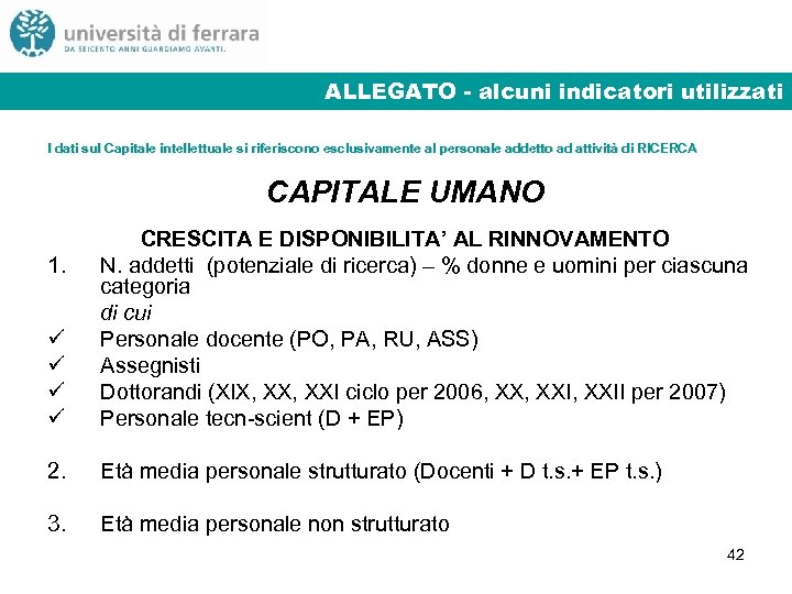 ALLEGATO - alcuni indicatori utilizzati I dati sul Capitale intellettuale si riferiscono esclusivamente al