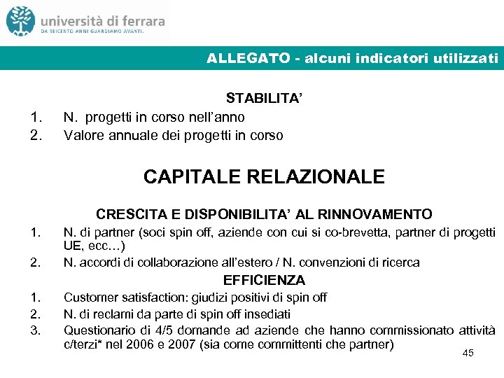 ALLEGATO - alcuni indicatori utilizzati 1. 2. STABILITA’ N. progetti in corso nell’anno Valore