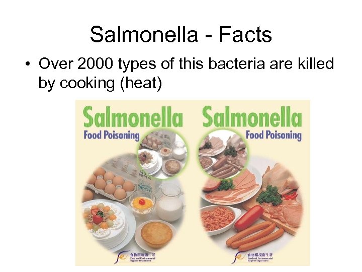 Salmonella - Facts • Over 2000 types of this bacteria are killed by cooking