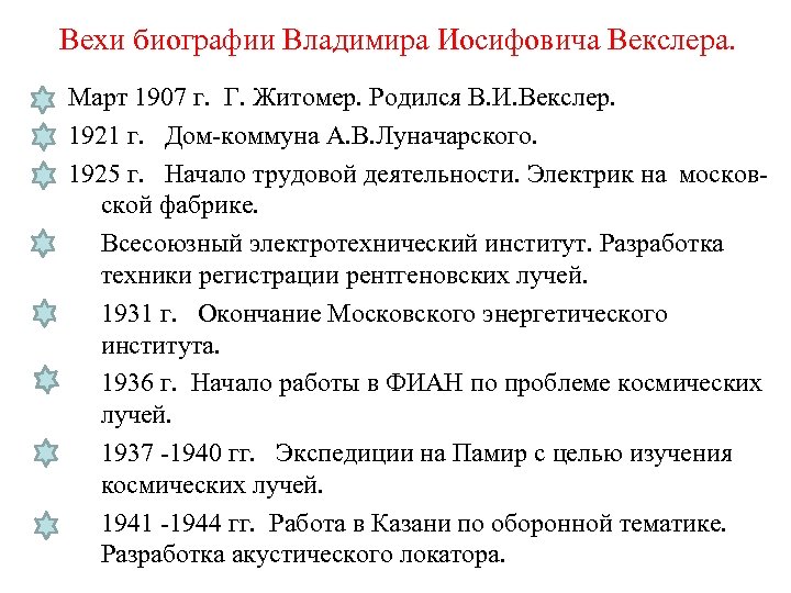 Вехи биографии Владимира Иосифовича Векслера. Март 1907 г. Г. Житомер. Родился В. И. Векслер.