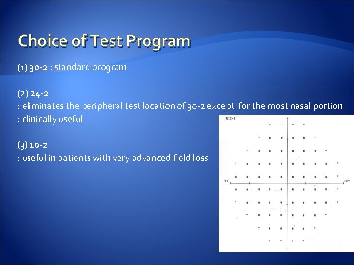 Choice of Test Program (1) 30 -2 : standard program (2) 24 -2 :