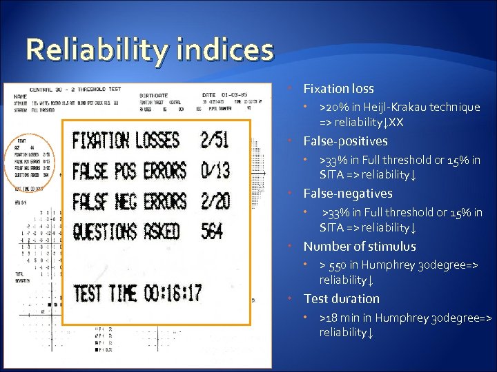 Reliability indices Fixation loss >20% in Heijl-Krakau technique => reliability↓XX False-positives >33% in Full