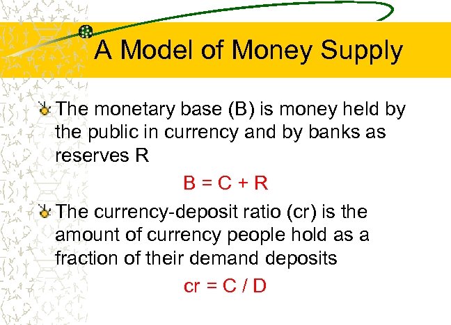 A Model of Money Supply The monetary base (B) is money held by the