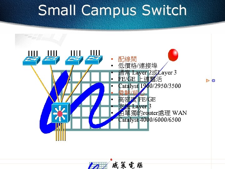 Small Campus Switch • • • 配線間 低價格/連接埠 通常 Layer 2或Layer 3 FE/GE 上連靈活