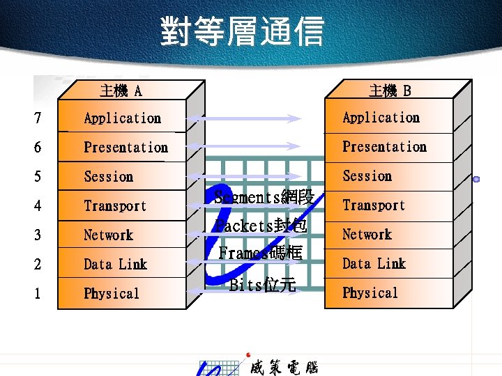 對等層通信 主機 A 主機 B 7 Application 6 Presentation 5 Session 4 Transport 3