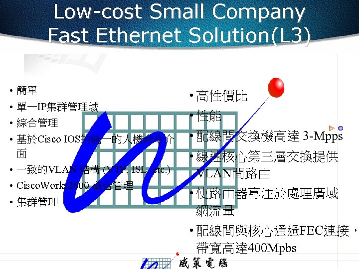 Low-cost Small Company Fast Ethernet Solution(L 3) • 簡單 • 單一IP集群管理域 • 綜合管理 •