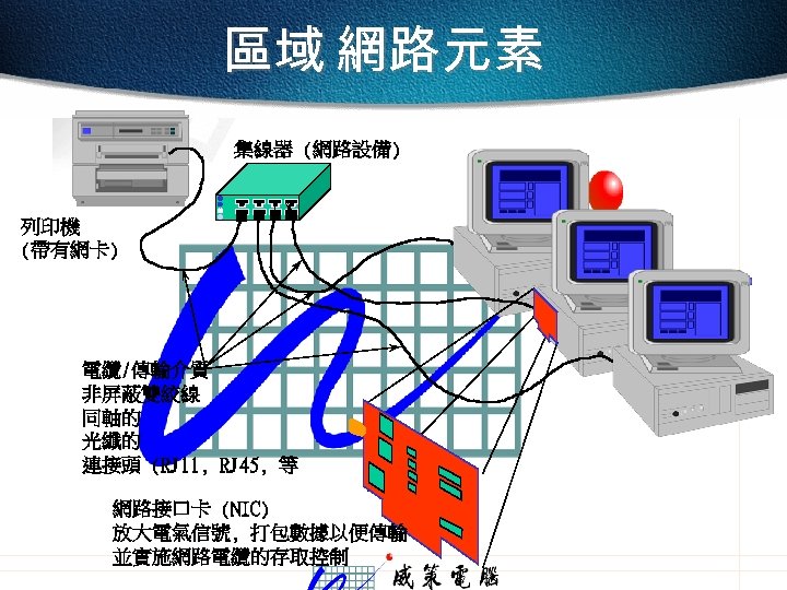 區域 網路元素 集線器 (網路設備) 列印機 (帶有網卡) 電纜/傳輸介質 非屏蔽雙絞線 同軸的 光纖的 連接頭 (RJ 11, RJ