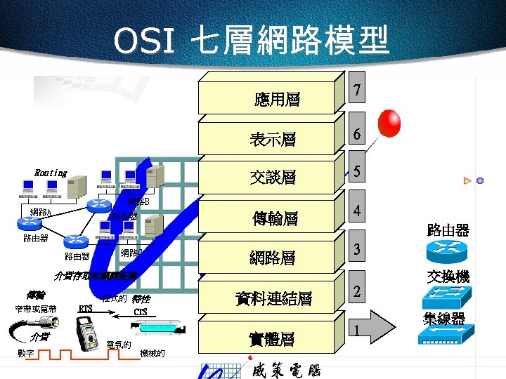 OSI 七層網路模型 應用層 7 表示層 交談層 Routing 6 5 網路B 網路A 傳輸層 路由器 路由器