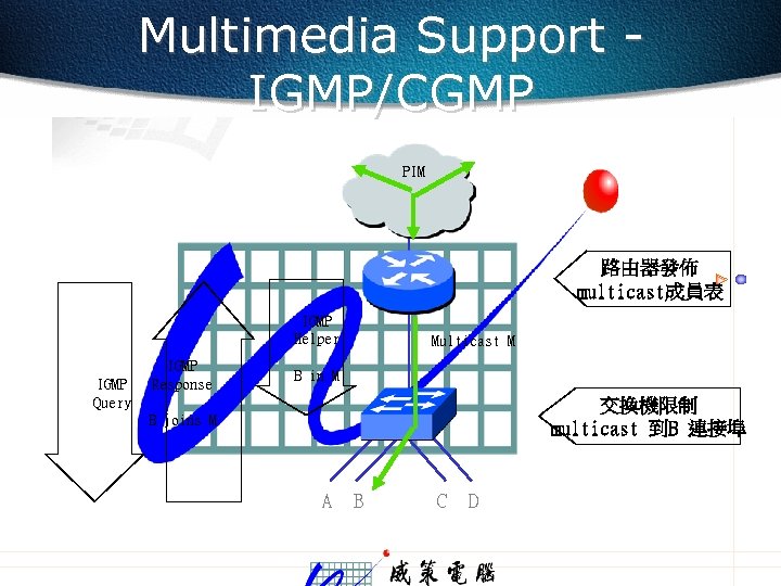 Multimedia Support IGMP/CGMP PIM 路由器發佈 multicast成員表 IGMP Helper IGMP Query IGMP Response Multicast M