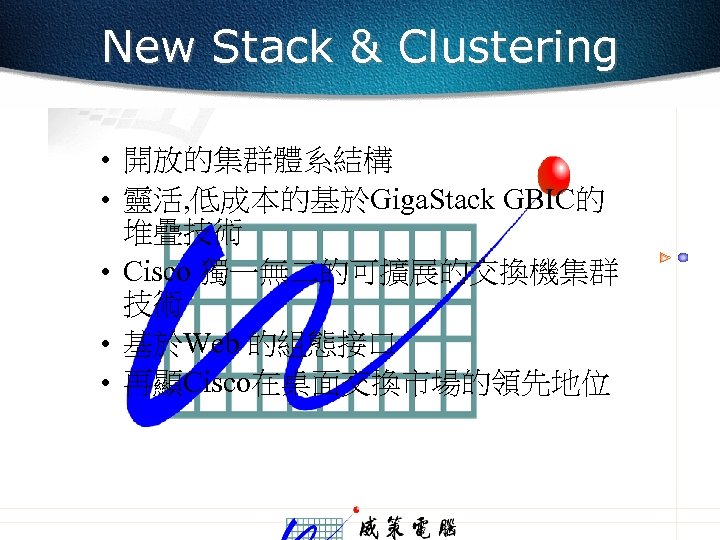 New Stack & Clustering • 開放的集群體系結構 • 靈活, 低成本的基於Giga. Stack GBIC的 堆疊技術 • Cisco