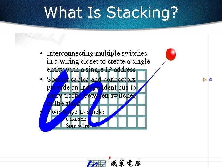 What Is Stacking? • Interconnecting multiple switches in a wiring closet to create a