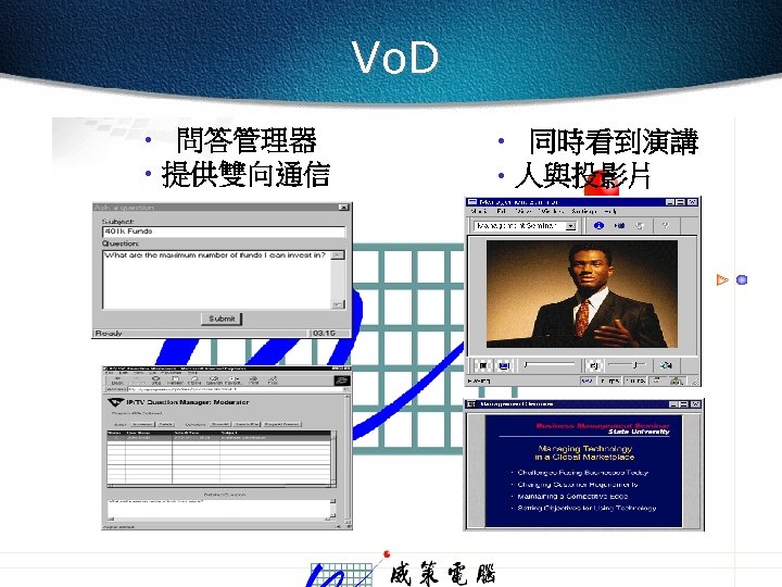 Vo. D • 問答管理器 • 提供雙向通信 • 同時看到演講 • 人與投影片 