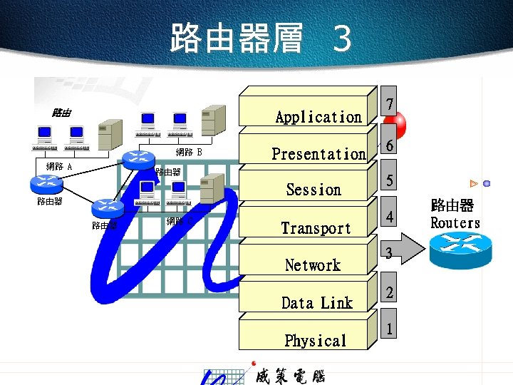 路由器層 3 路由 Application 網路 B 網路 A Presentation 路由器 Session 路由器 網路 C