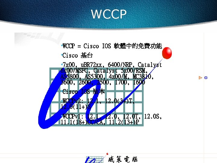 WCCP • WCCP = Cisco IOS 軟體中的免費功能 • Cisco 基台 • 7 x 00,