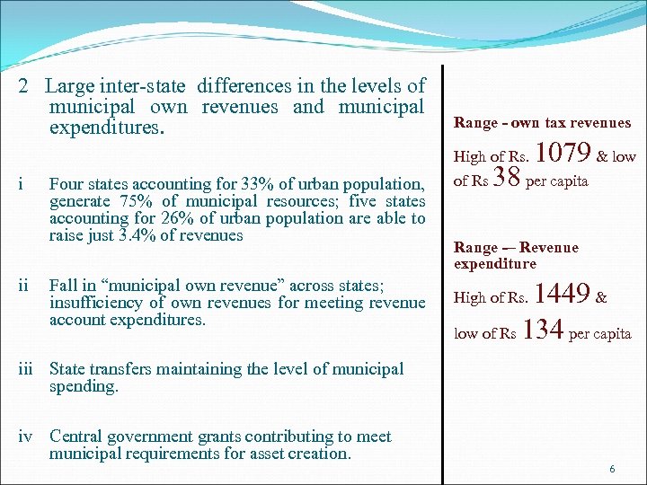 2 Large inter-state differences in the levels of municipal own revenues and municipal expenditures.