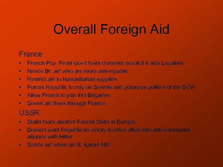 Overall Foreign Aid France: • • • French Pop. Front Gov’t fears domestic revolt