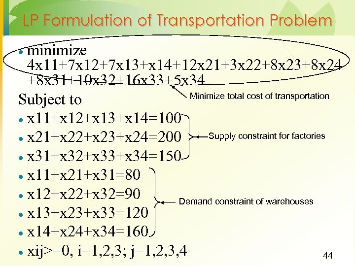 LP Formulation of Transportation Problem minimize 4 x 11+7 x 12+7 x 13+x 14+12