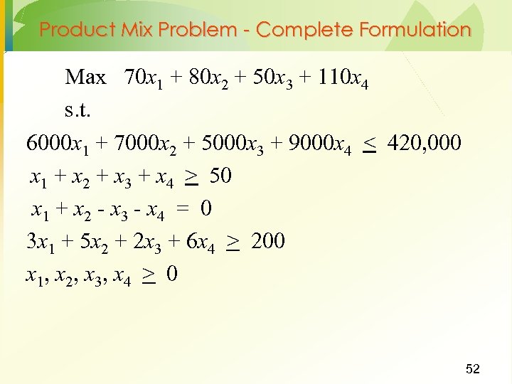 Product Mix Problem - Complete Formulation Max 70 x 1 + 80 x 2