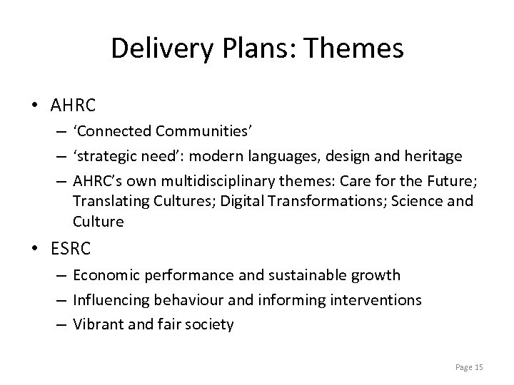 Delivery Plans: Themes • AHRC – ‘Connected Communities’ – ‘strategic need’: modern languages, design
