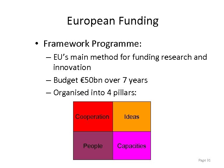 European Funding • Framework Programme: – EU’s main method for funding research and innovation