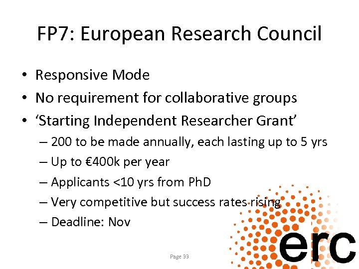 FP 7: European Research Council • Responsive Mode • No requirement for collaborative groups