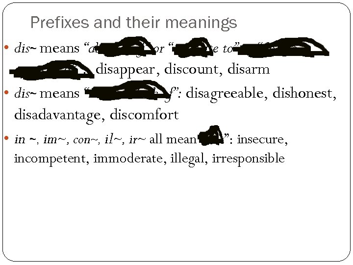 Prefixes and their meanings • dis~ means “absence of” or “opposite to” or “do