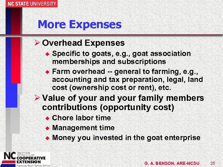 More Expenses Ø Overhead Expenses Specific to goats, e. g. , goat association memberships