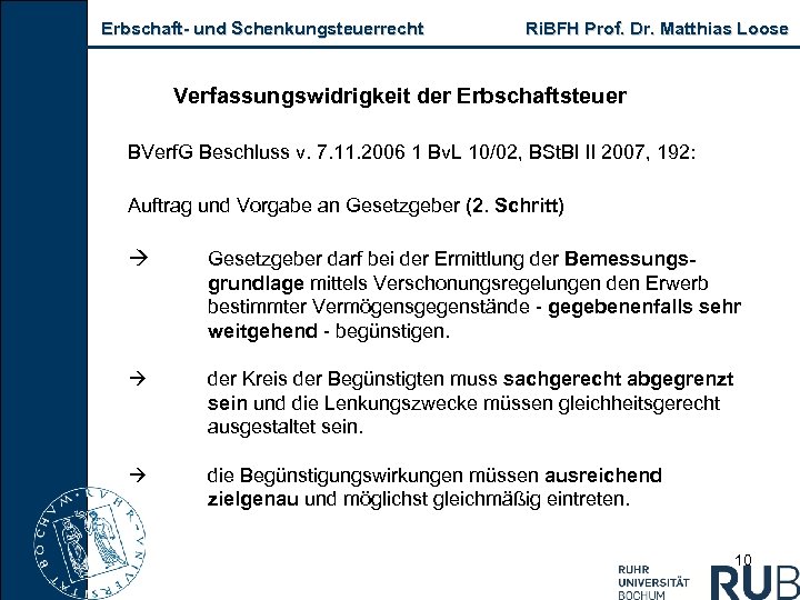 Erbschaft und Schenkungsteuerrecht Ri. BFH Prof. Dr. Matthias Loose Verfassungswidrigkeit der Erbschaftsteuer BVerf. G