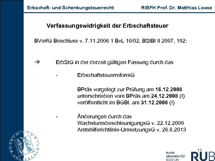 Erbschaft und Schenkungsteuerrecht Ri. BFH Prof. Dr. Matthias Loose Verfassungswidrigkeit der Erbschaftsteuer BVerf. G