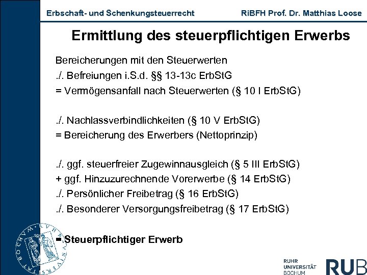 Erbschaft und Schenkungsteuerrecht Ri. BFH Prof. Dr. Matthias Loose Ermittlung des steuerpflichtigen Erwerbs Bereicherungen