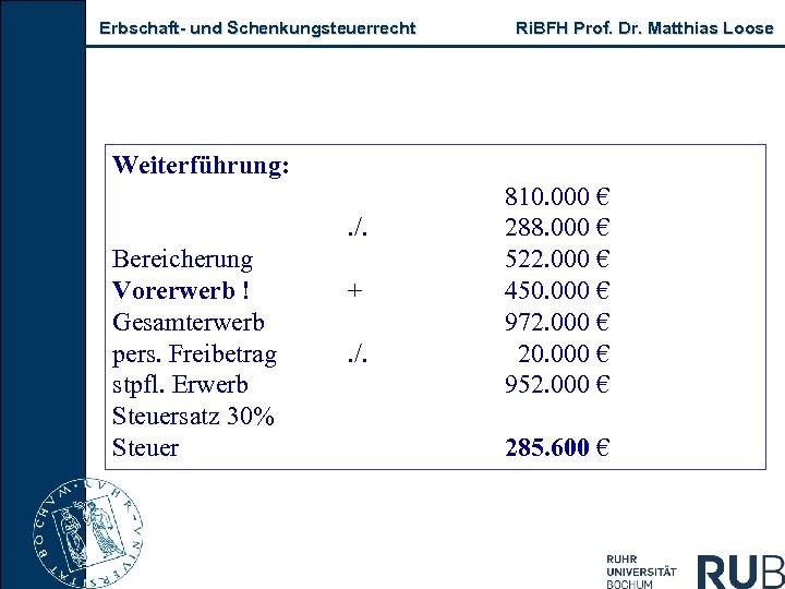 Erbschaft und Schenkungsteuerrecht Ri. BFH Prof. Dr. Matthias Loose Weiterführung: . /. Bereicherung Vorerwerb