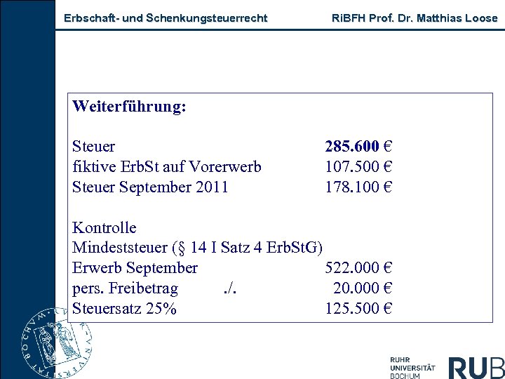 Erbschaft und Schenkungsteuerrecht Ri. BFH Prof. Dr. Matthias Loose Weiterführung: Steuer fiktive Erb. St