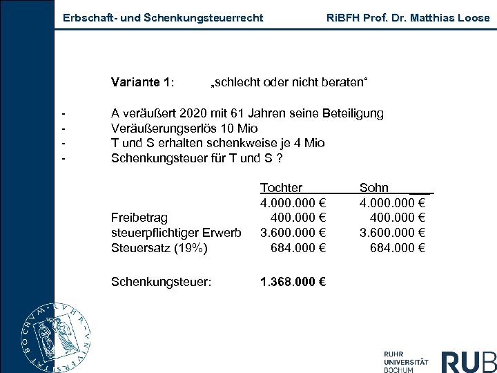 Erbschaft und Schenkungsteuerrecht Variante 1: Ri. BFH Prof. Dr. Matthias Loose „schlecht oder nicht