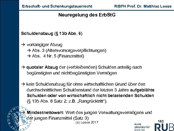 Erbschaft und Schenkungsteuerrecht Ri. BFH Prof. Dr. Matthias Loose Neuregelung des Erb. St. G