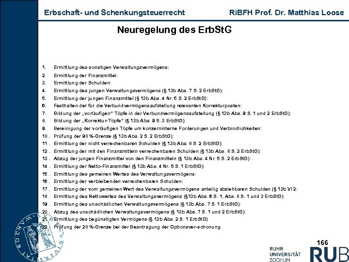 Erbschaft und Schenkungsteuerrecht Ri. BFH Prof. Dr. Matthias Loose Neuregelung des Erb. St. G