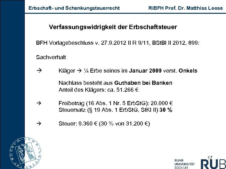 Erbschaft und Schenkungsteuerrecht Ri. BFH Prof. Dr. Matthias Loose Verfassungswidrigkeit der Erbschaftsteuer BFH Vorlagebeschluss