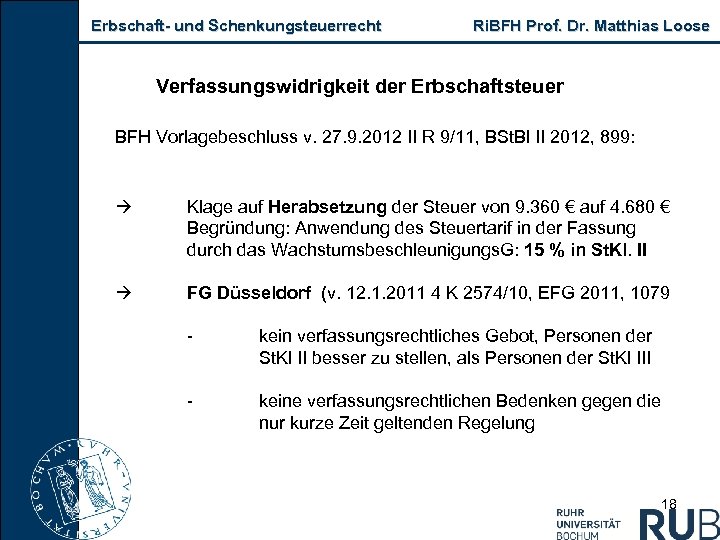 Erbschaft und Schenkungsteuerrecht Ri. BFH Prof. Dr. Matthias Loose Verfassungswidrigkeit der Erbschaftsteuer BFH Vorlagebeschluss