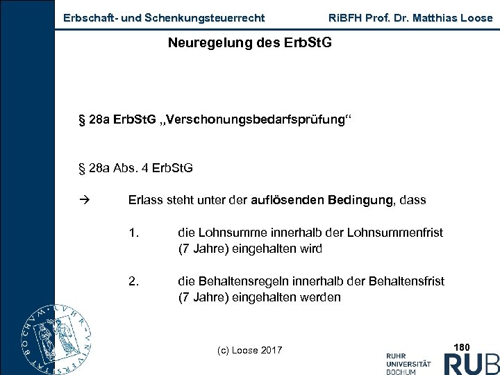 Erbschaft und Schenkungsteuerrecht Ri. BFH Prof. Dr. Matthias Loose Neuregelung des Erb. St. G