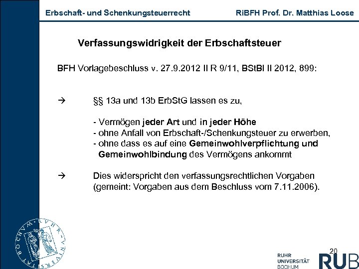 Erbschaft und Schenkungsteuerrecht Ri. BFH Prof. Dr. Matthias Loose Verfassungswidrigkeit der Erbschaftsteuer BFH Vorlagebeschluss